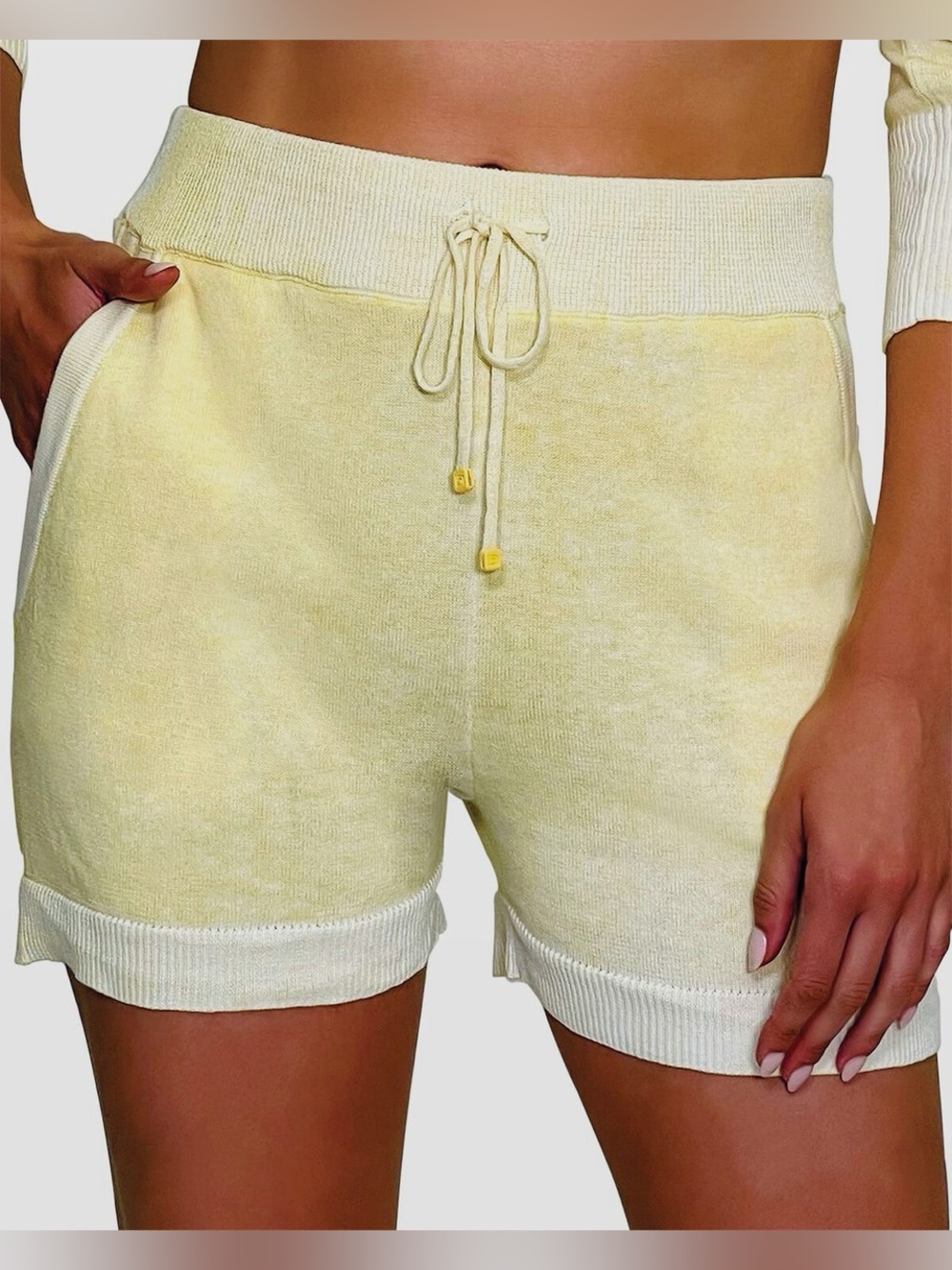 Blanc Noir Yellow Huntress Drawstring knit Shorts large distress tie dye summer